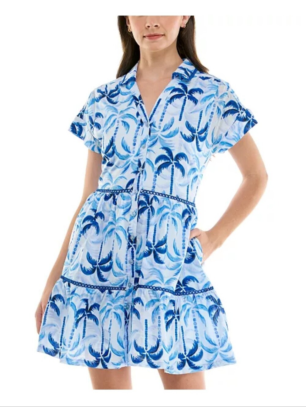Taylor 4P NWT Blue Palm Tree Tropical Tiered Mini Dress 100% Cotton $128 Coastal